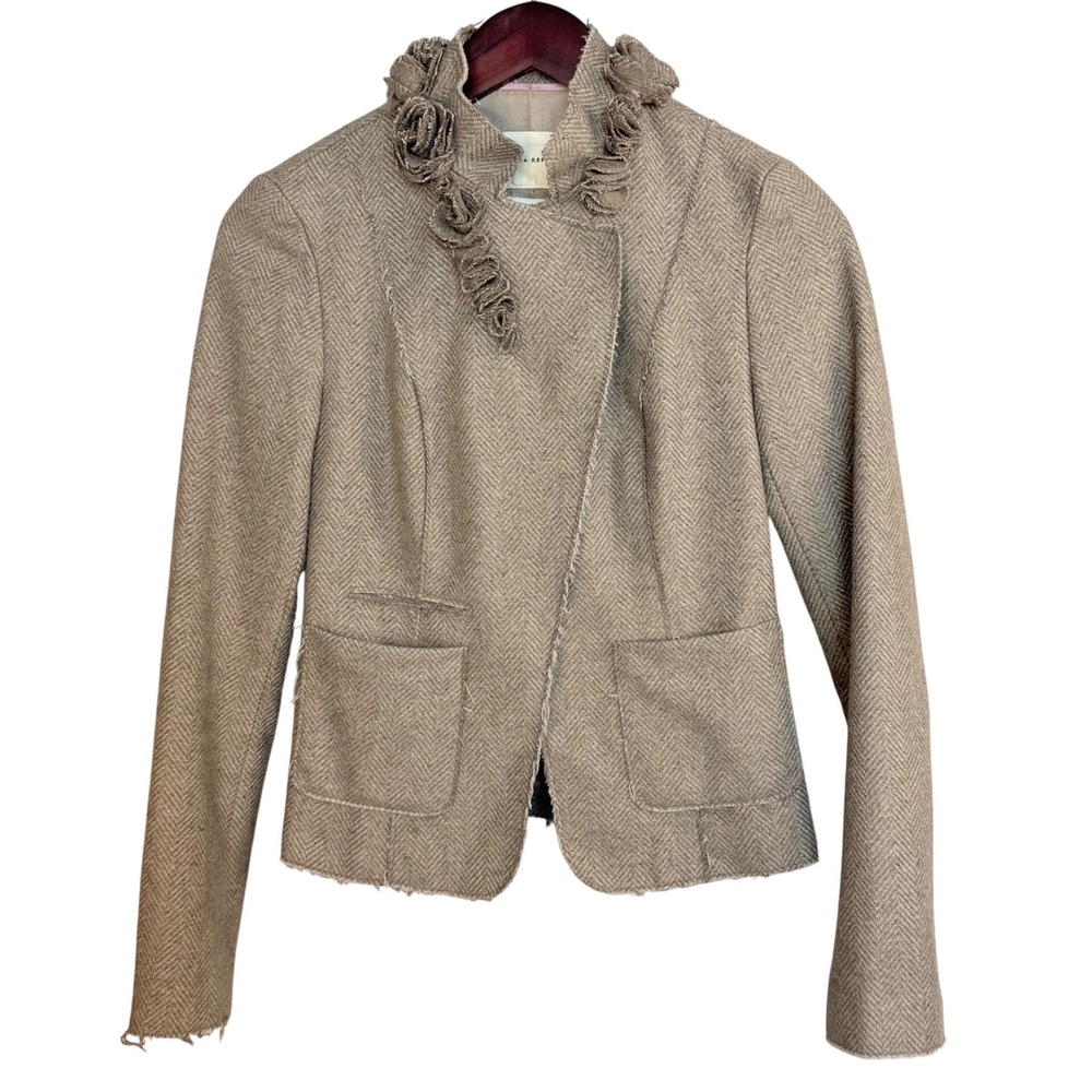 Banana Republic Herringbone Wool Blazer Rosette Ruffle Tan Italian Fabric Sz 0